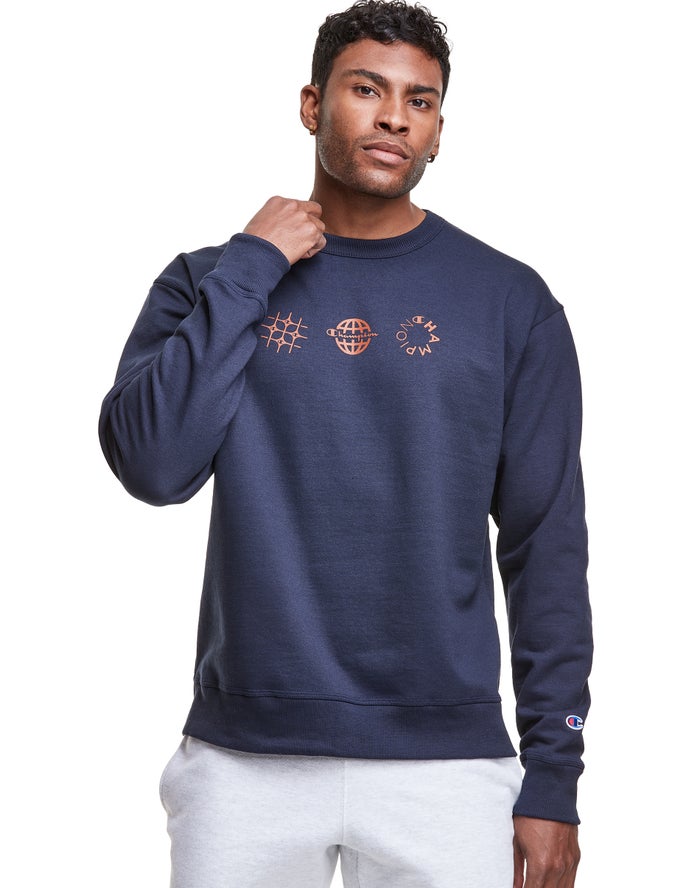 Champion Mens Sweatshirt NZ - Powerblend Fleece Crew Multi-Logos Navy ( 9675-COBGE )